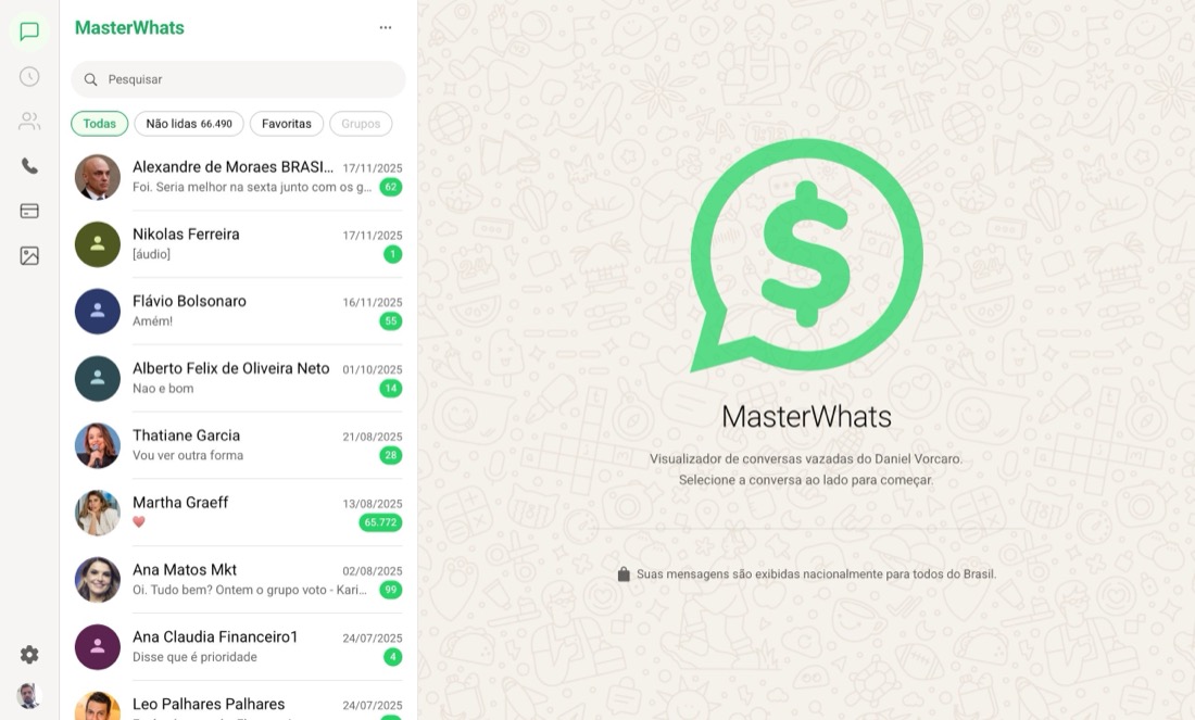 Tela inicial do MasterWhats, com a lista de conversas atribuídas a Daniel Vorcaro